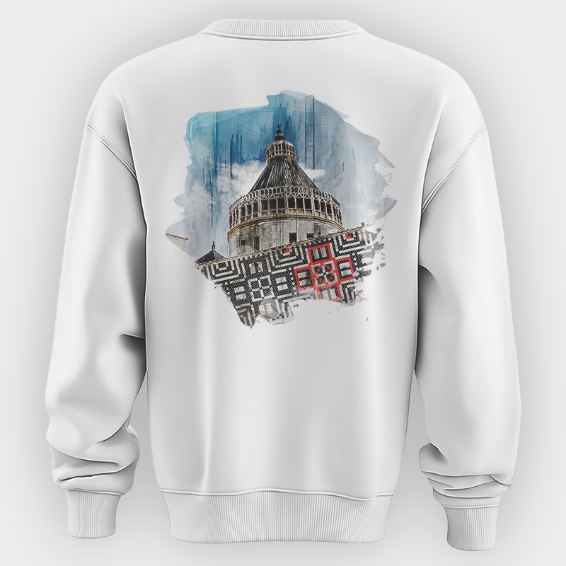 Church of the Annunciation Sweatshirt D H ROOTS Sweatshirt featuring Nazareth in cross stitch inspired font on the front and an artistic design of the Church of the Annunciation with traditional Palestinian embroidery on the back designed by D H ROOTS